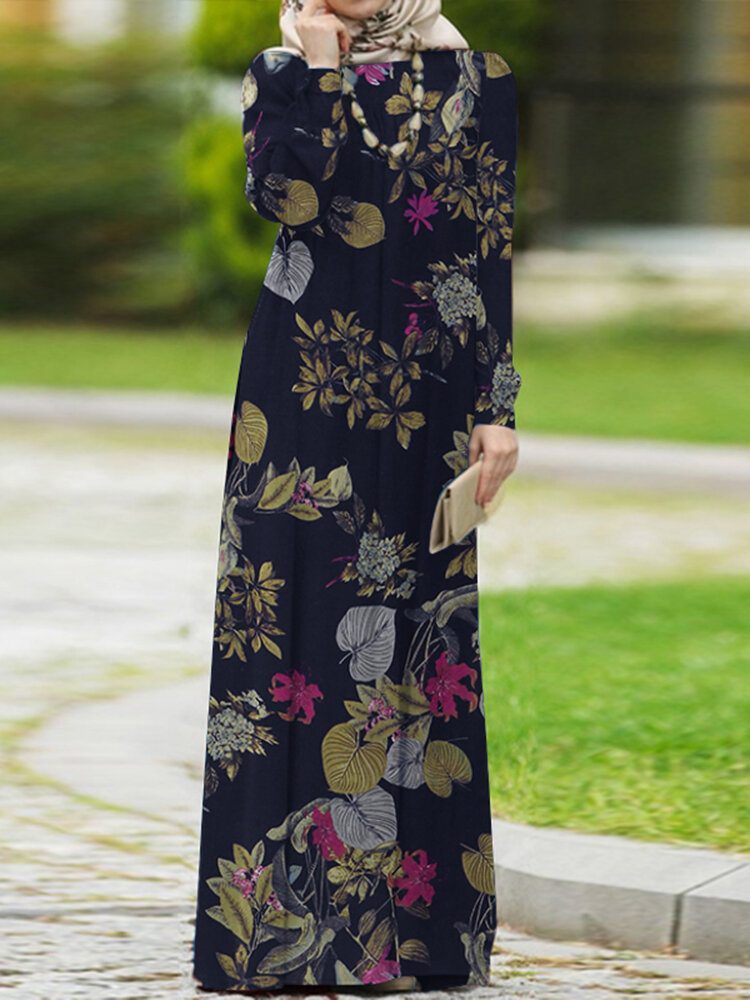 Women 100% Cotton Puff Sleeve Abaya Kaftan Tiered Leisure Floral Retro Dress