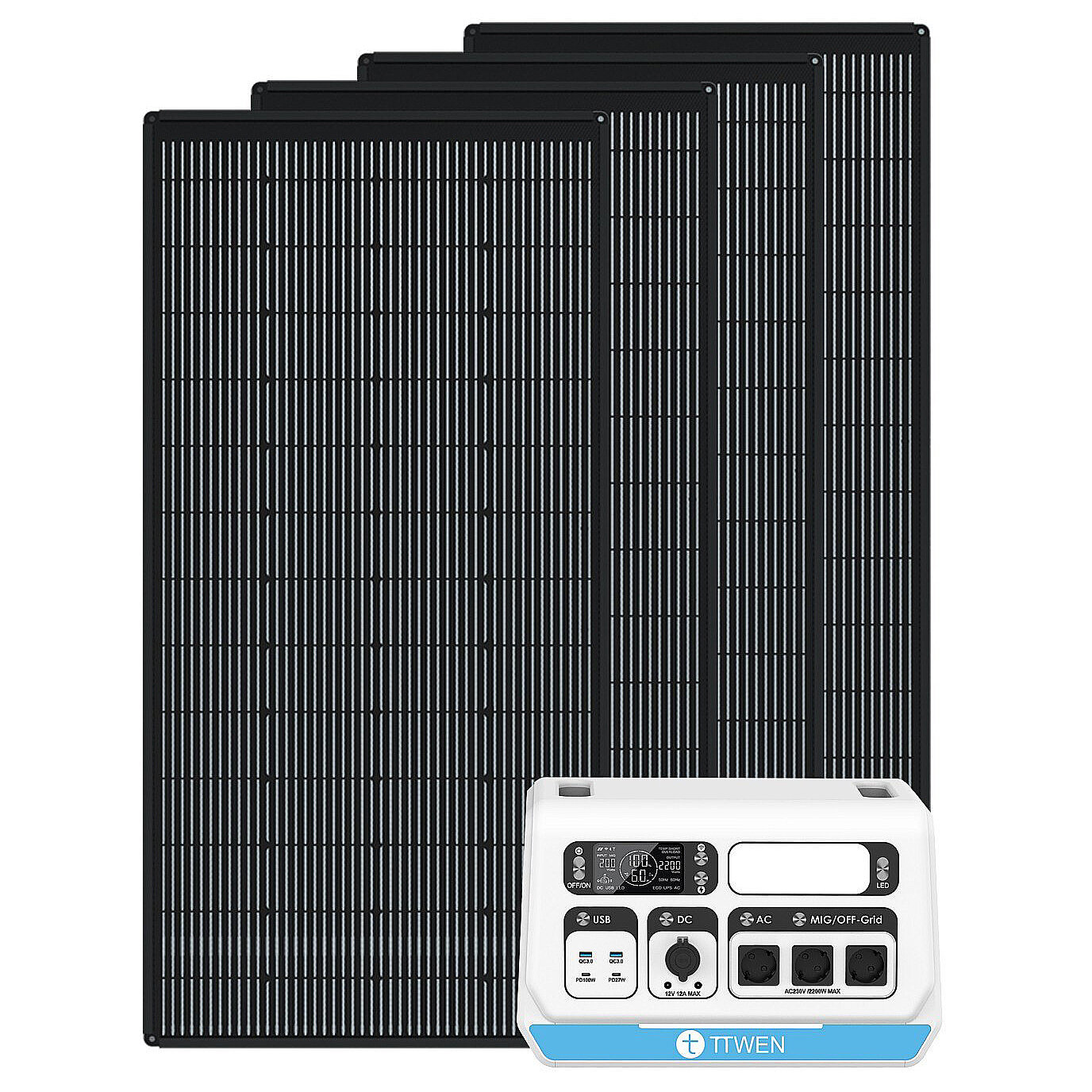 [EU Direct] TTWEN 2200PRO 2200W 2040Wh Portable Power Station + 4x180W Solar Panels, LiFePO4 Battery Integrated Balcony Solar System Easy To Install with Smart APP, On-grid Inverter, 12V/12A DC Output