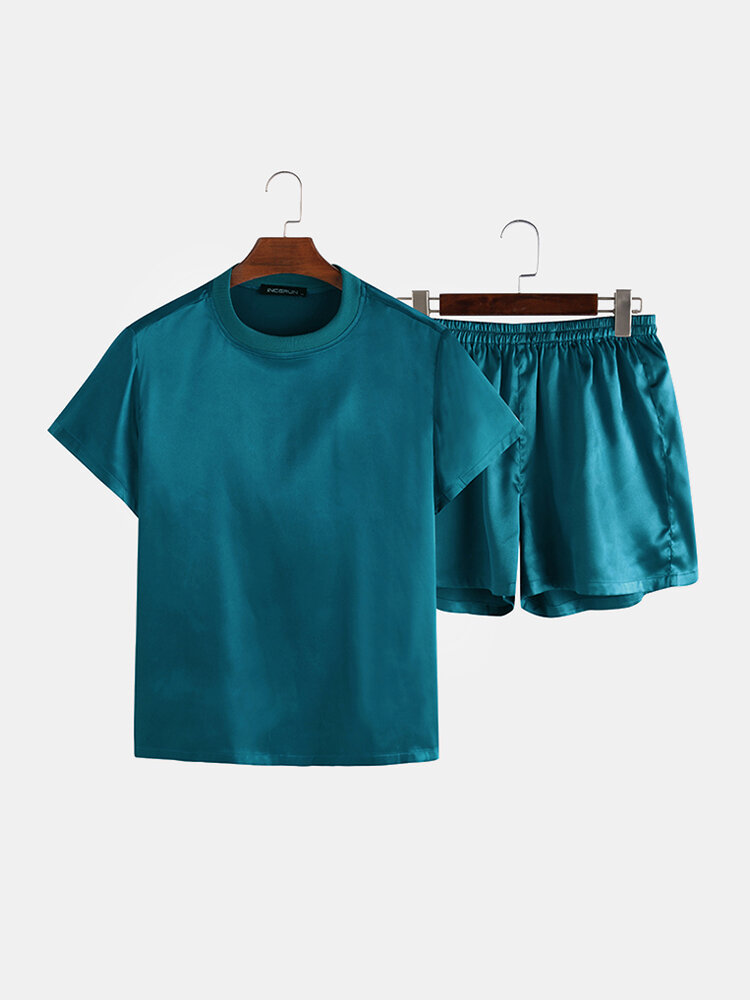 

Мужская сплошной цвет сатин Shimmer с коротким рукавом из двух частей пижамы дома случайный пижамный комплект