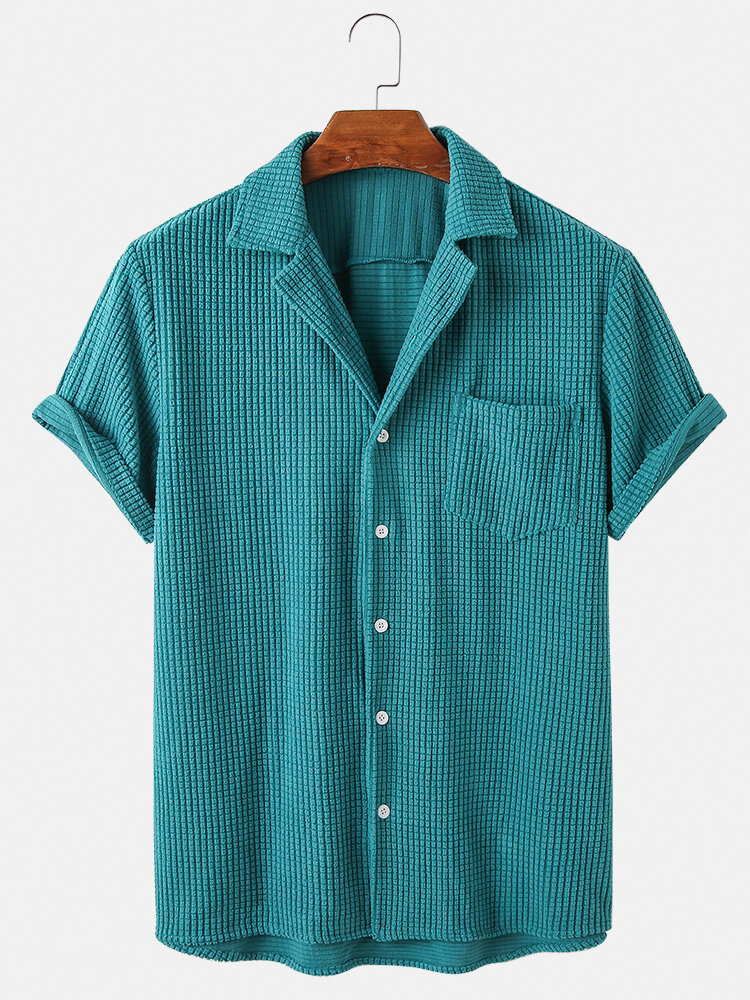 Heren losse corduroy button-down geruite ademende casual shirts met korte mouwen