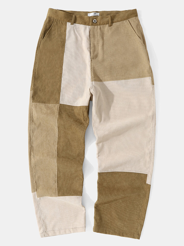 Heren patchwork corduroy kleurblok casual broek met zijzakken