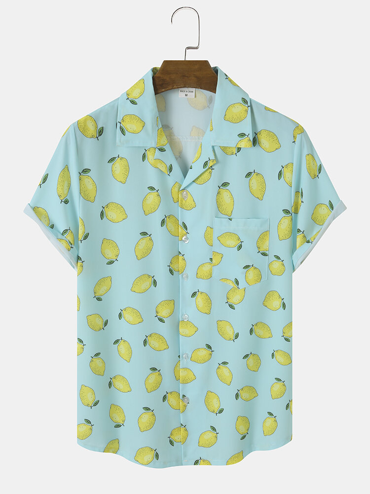 

Men Allover Lemon Print Single Pocket Revere Collar Soft Breathable Leisure Shirts