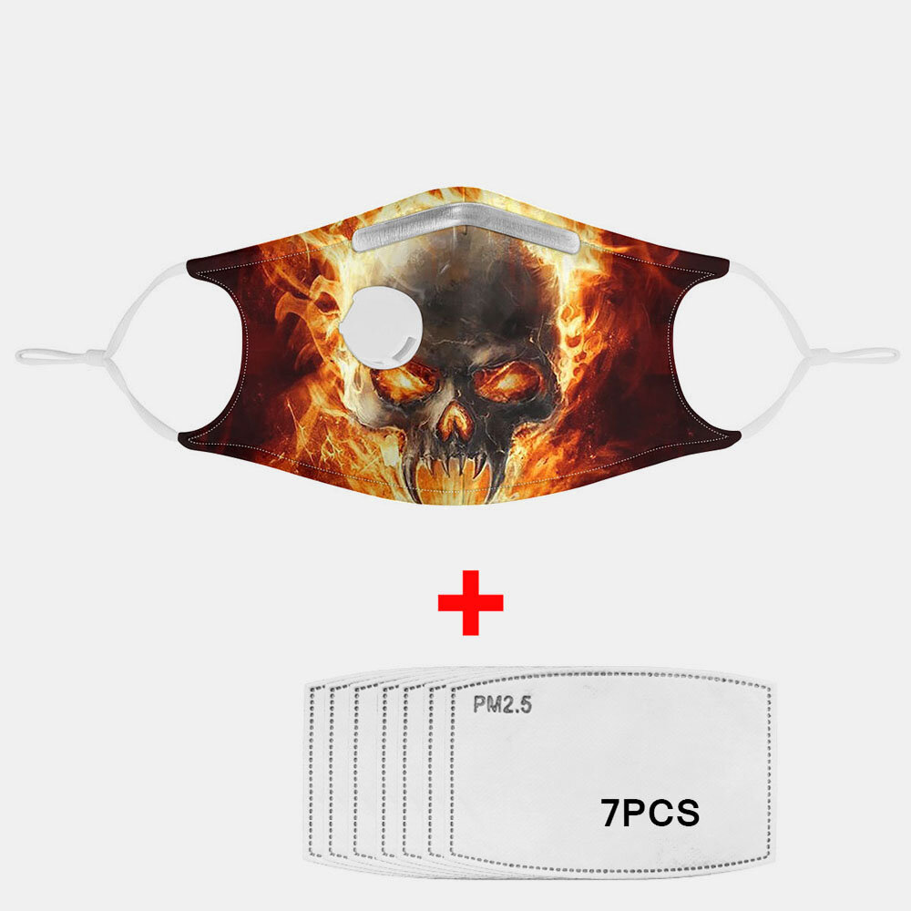 

Unisex 7PCS PM2.5 Filter Skull Fire Printing Non-disposable Masks With Breathing Mask