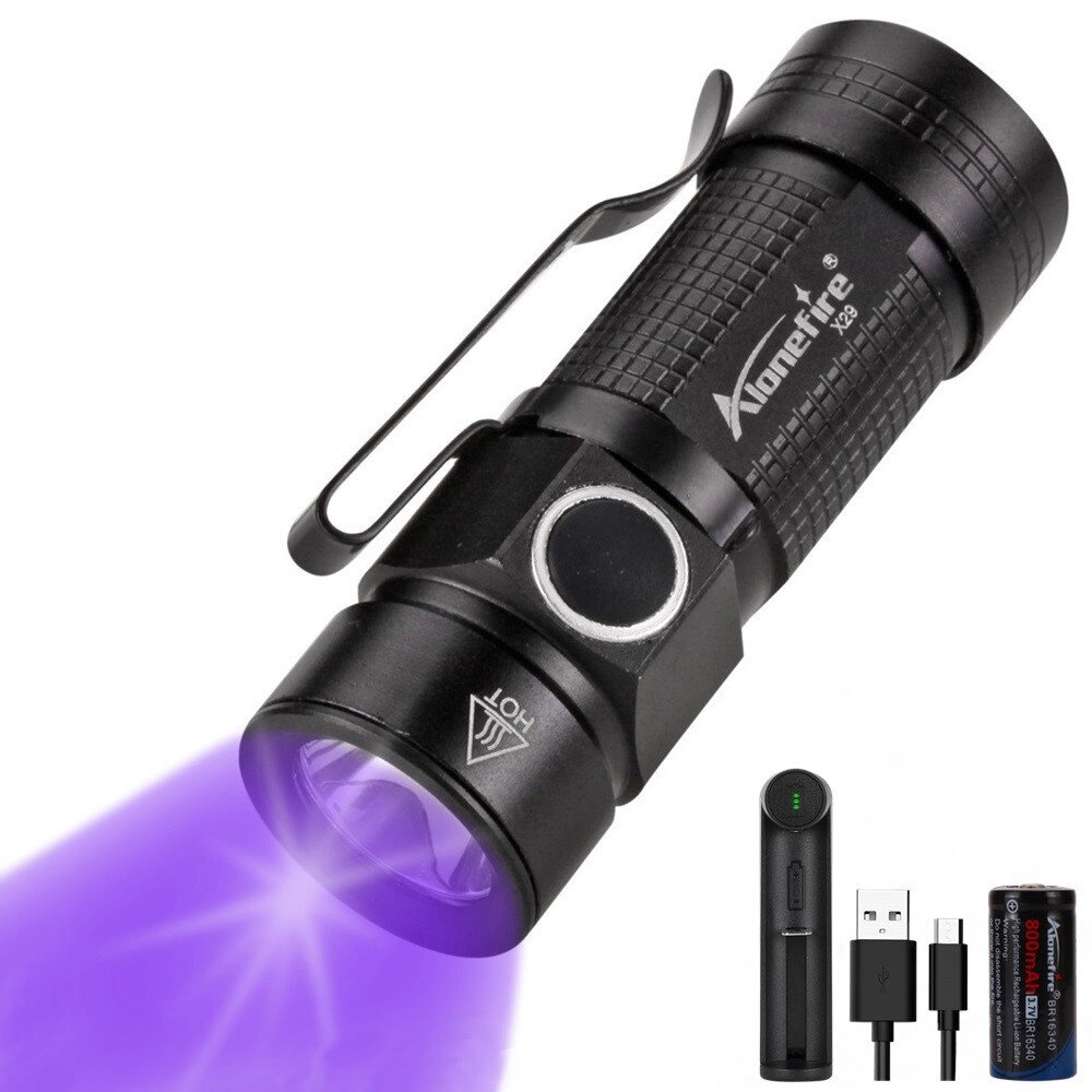 

Alonefire X29UV 395nm USB Rechargeable UV Flahlight Mini Pocket LED Black Light Flashlight Fluorescence Detector Sterili