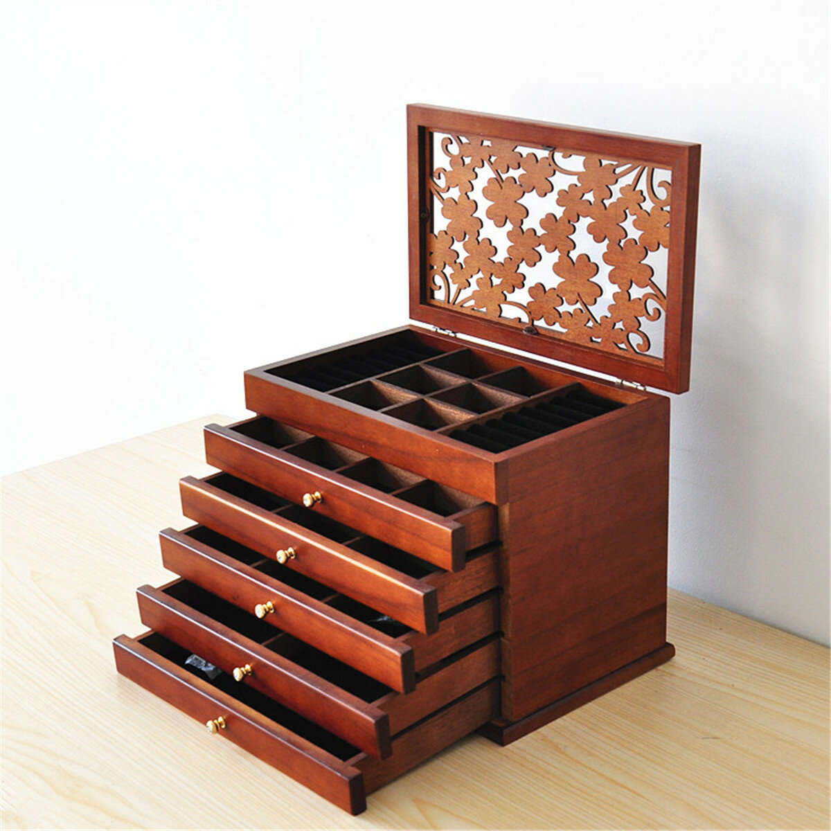 فاخر متعدد الطبقات عالية اللمعان صندوق مجوهرات خشبية أنيقة الرجعية تخزين المجوهرات مربع