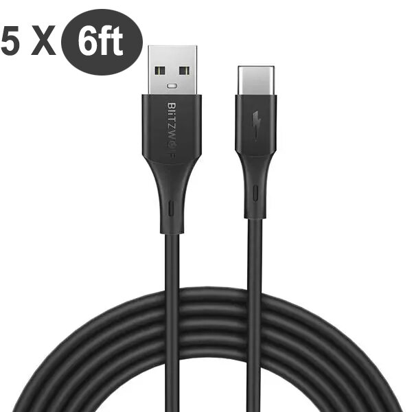 

[5 Pack] BlitzWolf® BW-TC15 3A QC3.0 Quick Charge USB Type-C Cable Fast Charging Data Sync Transfer Cord Line 6ft/1.8m F