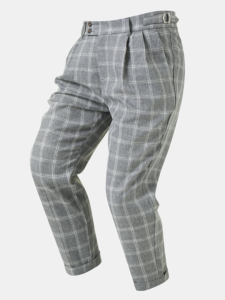 Men Plaid Print Ajustable Waist Buttons Designed Pants