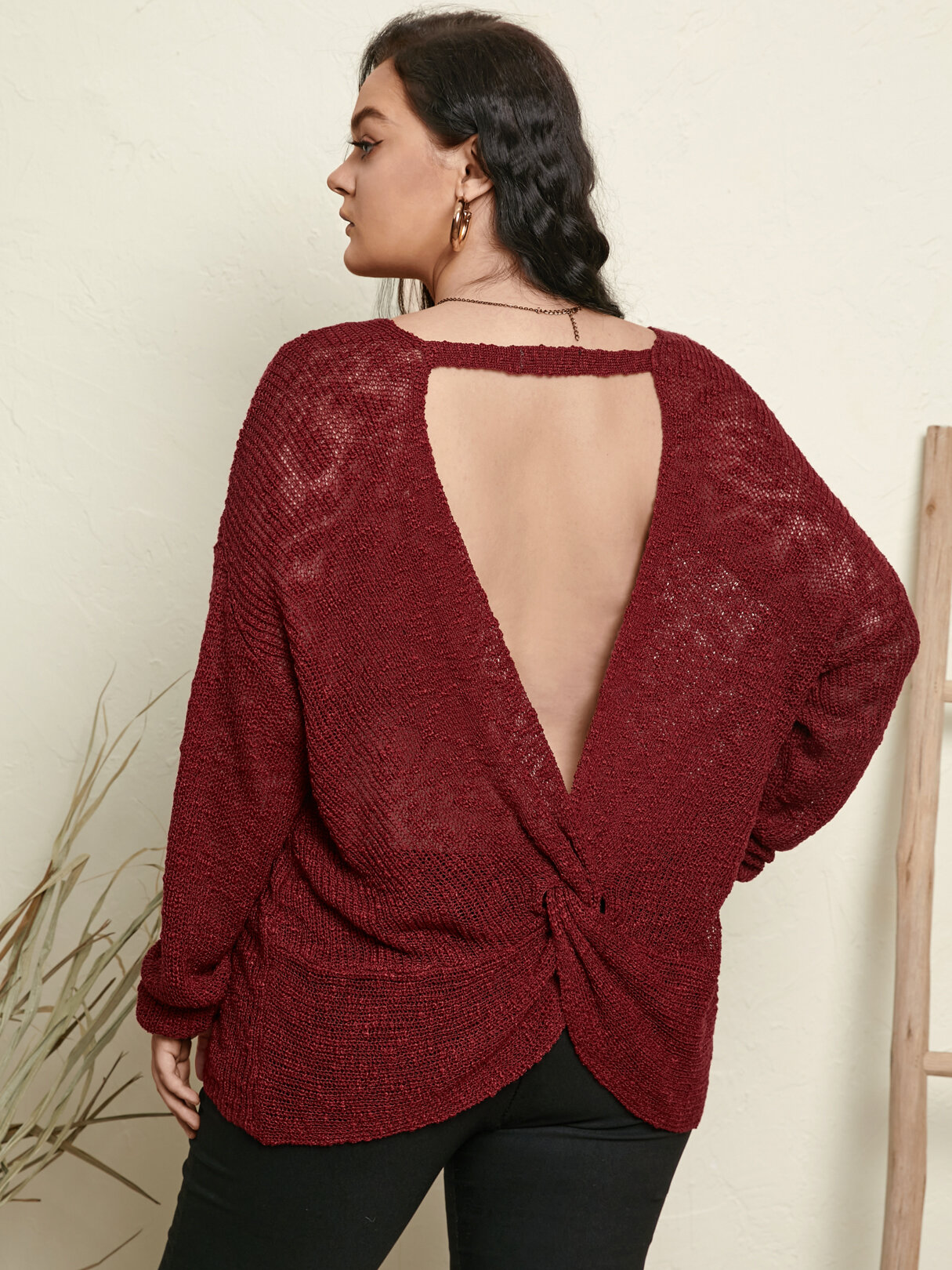 

Plus Size Round Neck Backless Design Twist Semi Sheer Sweater