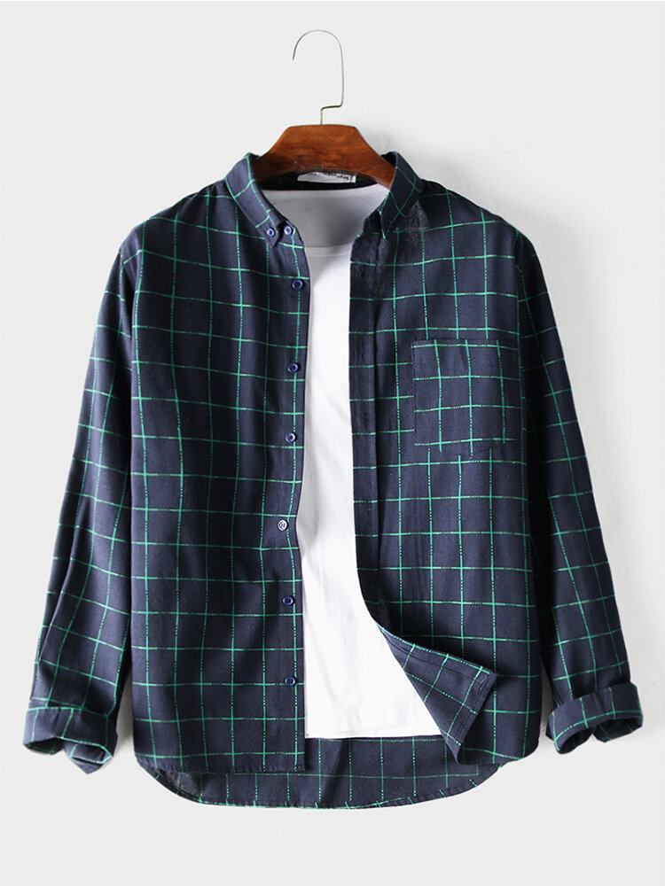 Image of Mens Plaid Brusttasche Button Up Langarm Classic Shirts