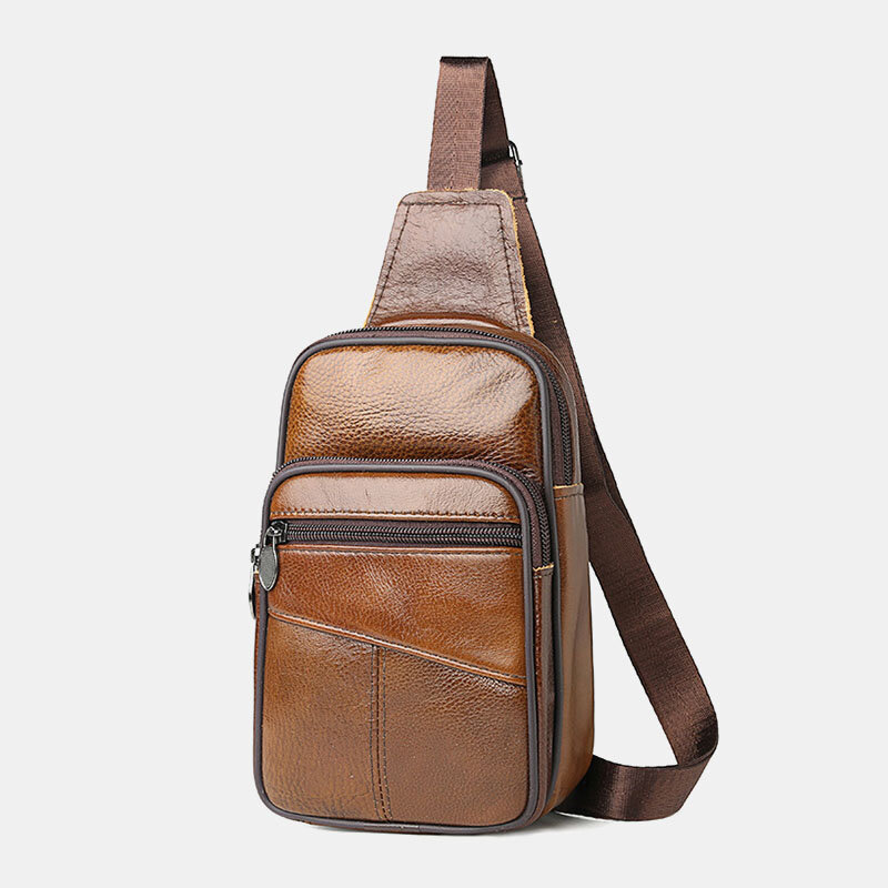 Men Genuine Leather Large Capacity Multi-pocket Wear Resistant Chest Bag Crossbody Bag