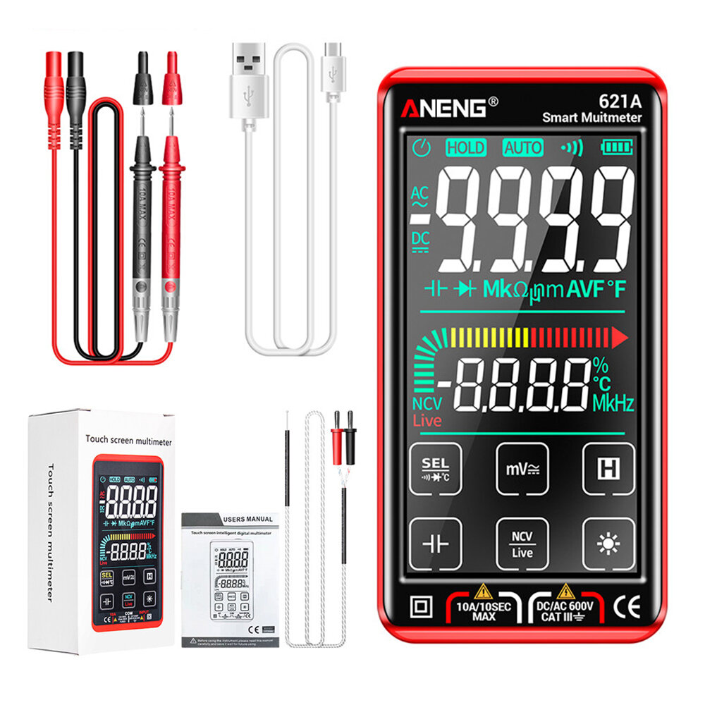 

ANENG 621A 9999 Counts Auto Range Full-screen Touch Smart Digital Multimeter Rechargeable DC/AC Voltage Current Tester M