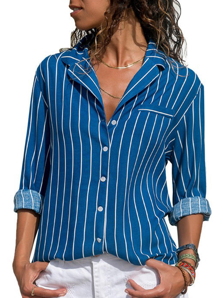 Women turn-down collar stripe blouse Sale - Banggood.com sold out ...