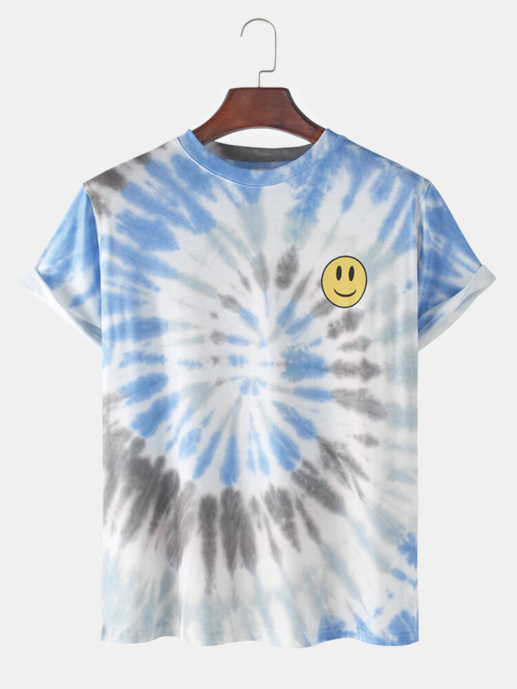 

Mens Tie-Dye Smile Face Print Loose Casual Round Neck T-Shirts