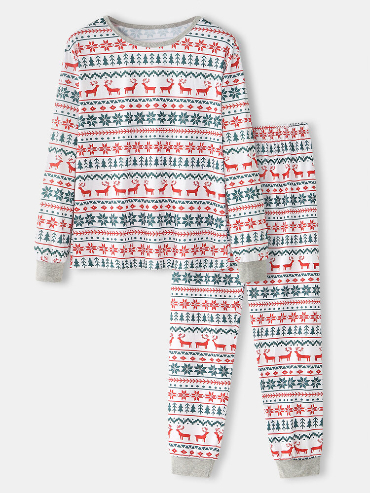 

Mens Allover Elk Snowflake Print Christmas Round Neck Jogger Pants Loose Home Pajamas Set