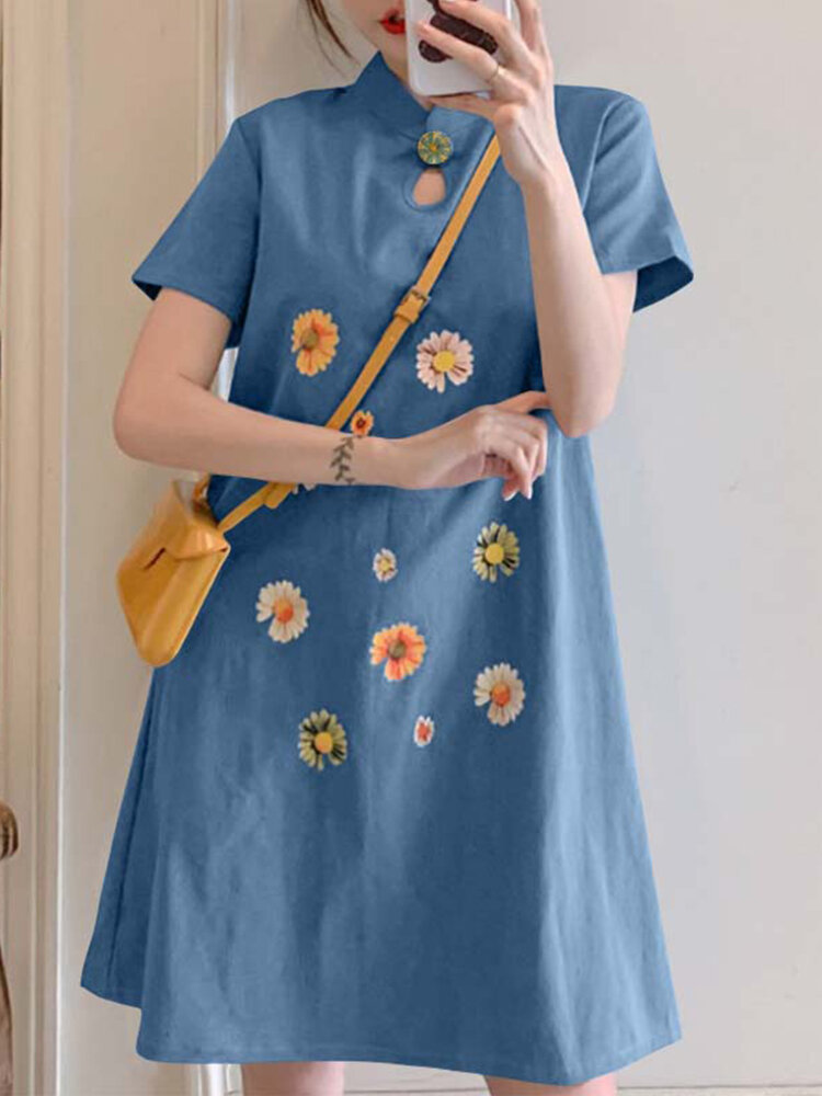 Embroidery Floral Splicing Lapel Casual Dress For Women
