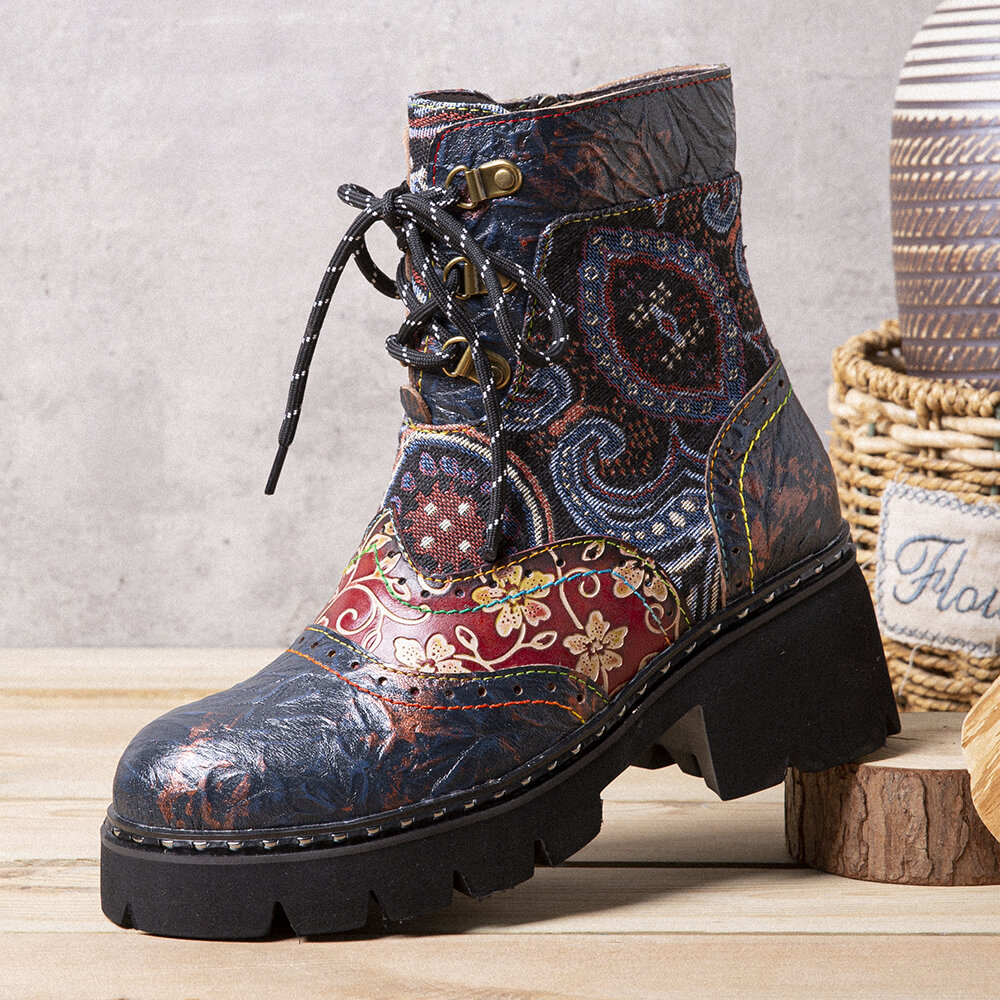 Socofy Women Retro Ethnic Style Slip Resistant Flowers Pattern Leather Mid-tube Boots