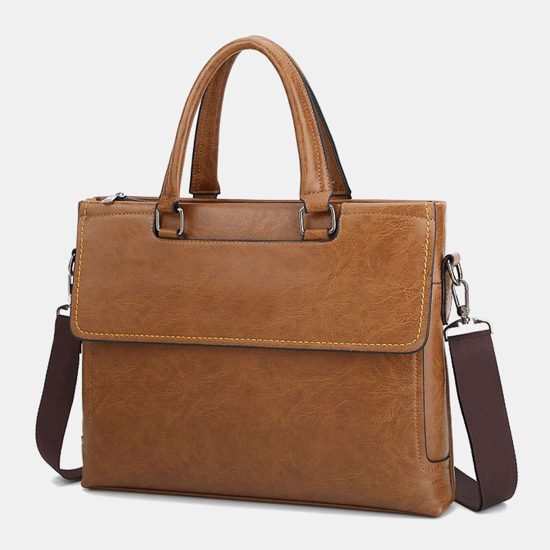 

Men Genuine Leather Flap-Over Waterproof Anti-theft Briefcase Handbag Teacher Bag Vintage 14Inch Laptop Bag Crossbody
