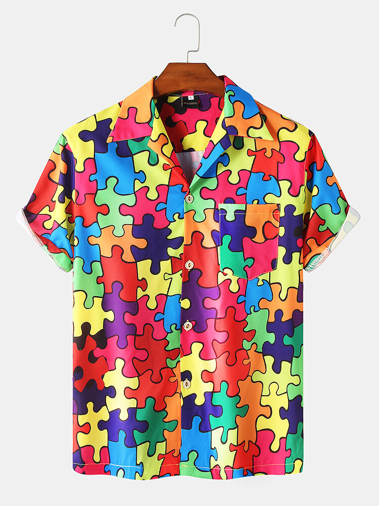 Mens Colorful Jigsaw Print Revere Street Short Sleeve Shirts