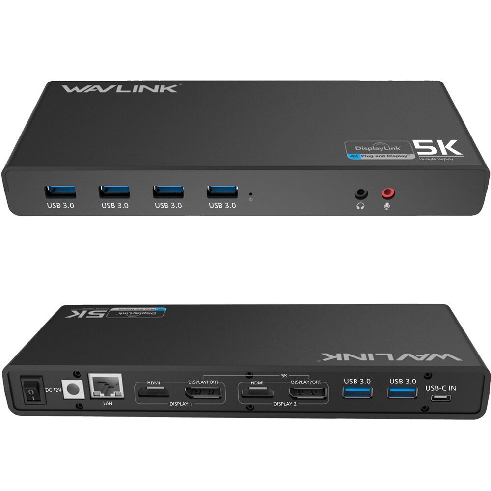WAVLINK USB 3.0 Docking Station USB Hub Ondersteuning 5K/ Dual 4K @60Hz Video-uitgangen Dubbele moni