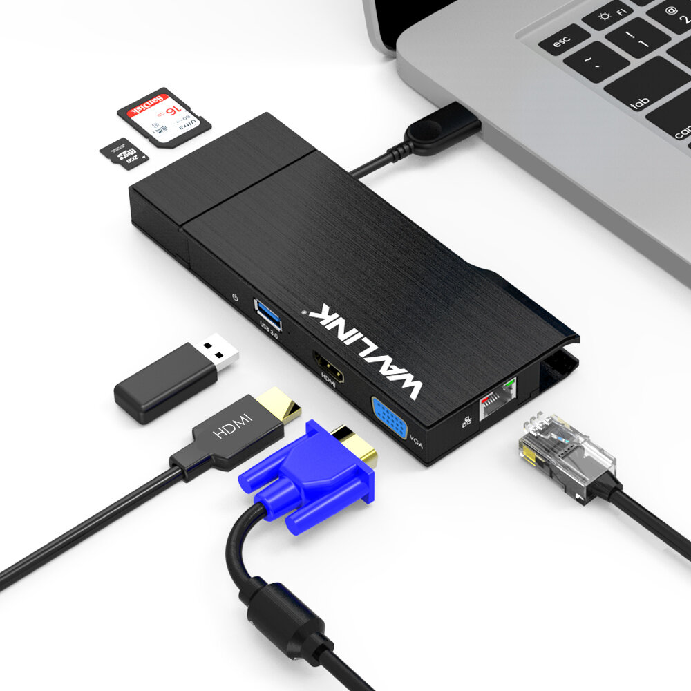Wavlink 6 in 1 USB Hub USB 3.0 Docking Station met Gigabit Ethernet, USB 3.0 Poort, Verwisselbare Ka