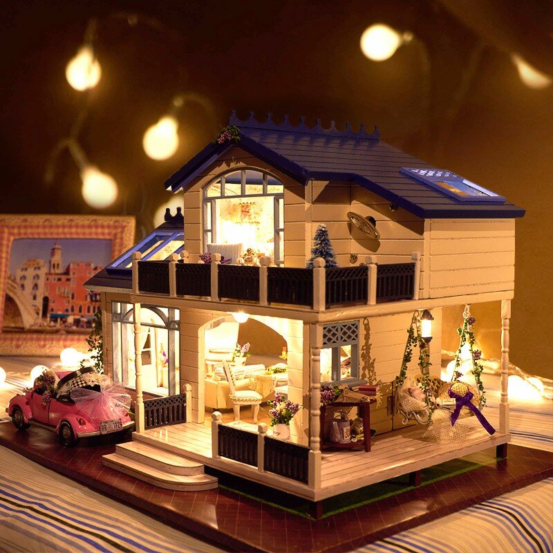 Image of Cuteroom 1: 24DIY Handarbeit Miniatur Stimme aktiviert LED Licht & Musik mit Abdeckung Provence Dollhouse