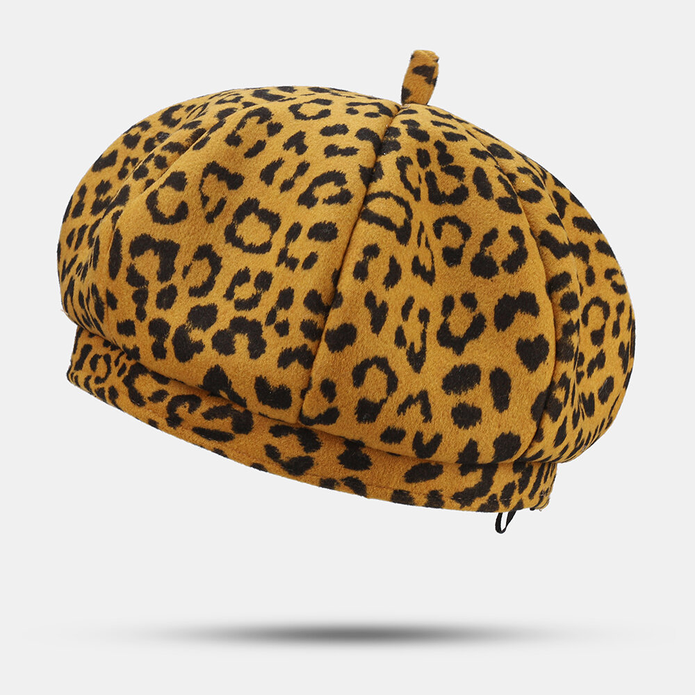 

Women Woolen Warm Young All-match Leopard Pattern Painter Hat Newsboy Hat Octagonal Hat Beret Hat