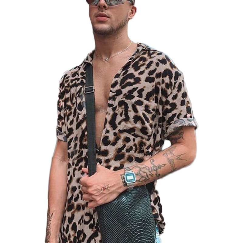 Camisas de verão com estampa de leopardo para exteriores, moda masculina com camisas casuais de manga curta com gola de lapela, blusas florais casuais para homens na praia havaiana
