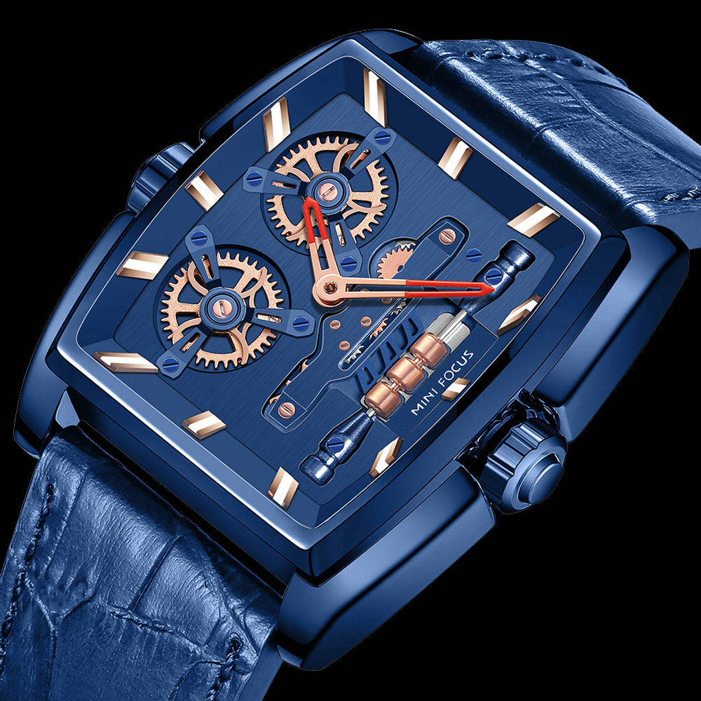 

MINI FOCUS MF0322G Творческий циферблат Прямоугольные мужские наручные часы Натуральная Кожа Стандарты Кварцевые часы