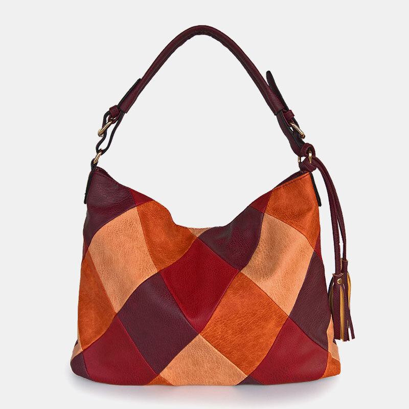 Women Faux Leather Fashion Color Block Tassel Crossbody Bag Shoulder Bag