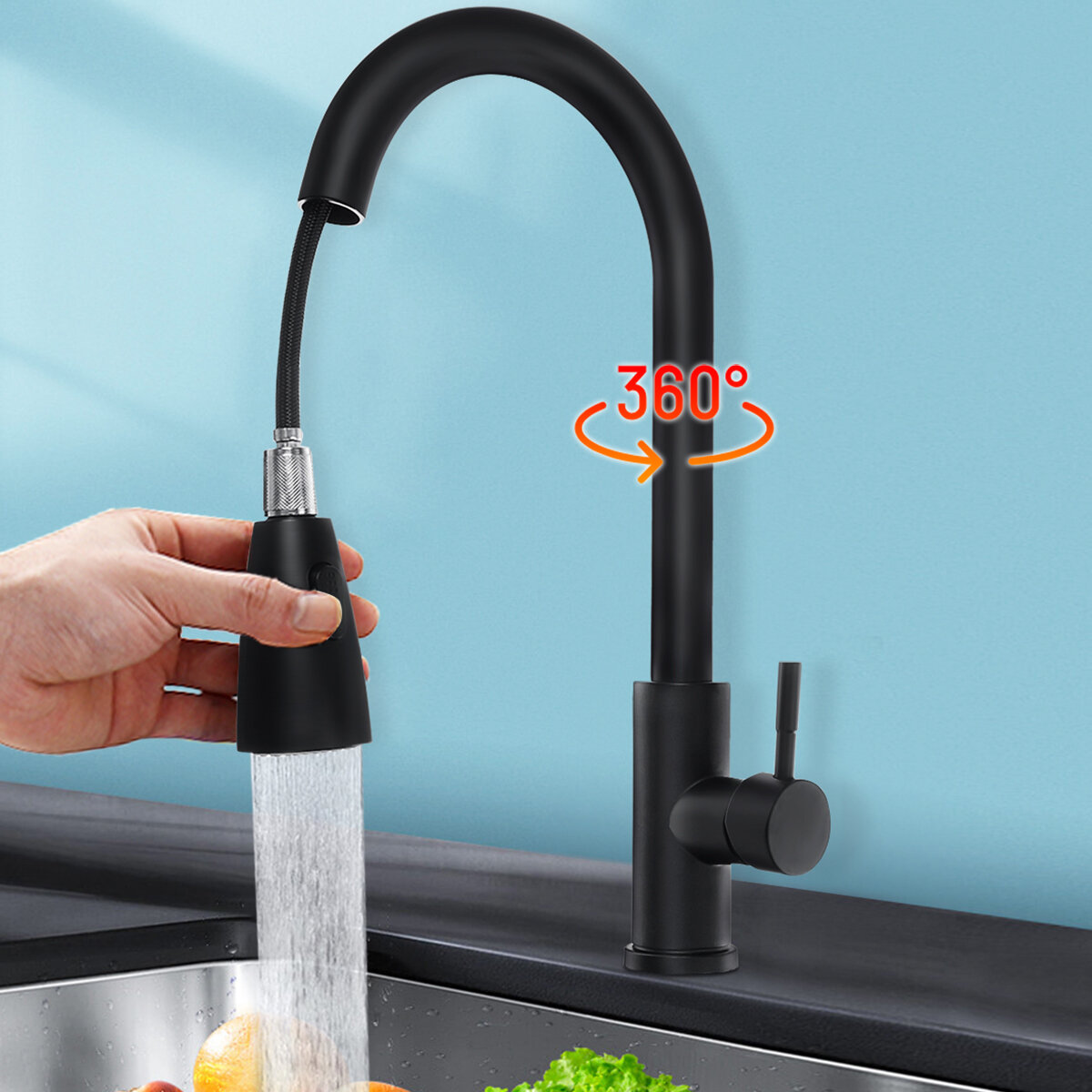 

Kitchen Pull-Out Faucet Tap Mixer Spout Finish Brushed Swivel Spray 360° Swivel
