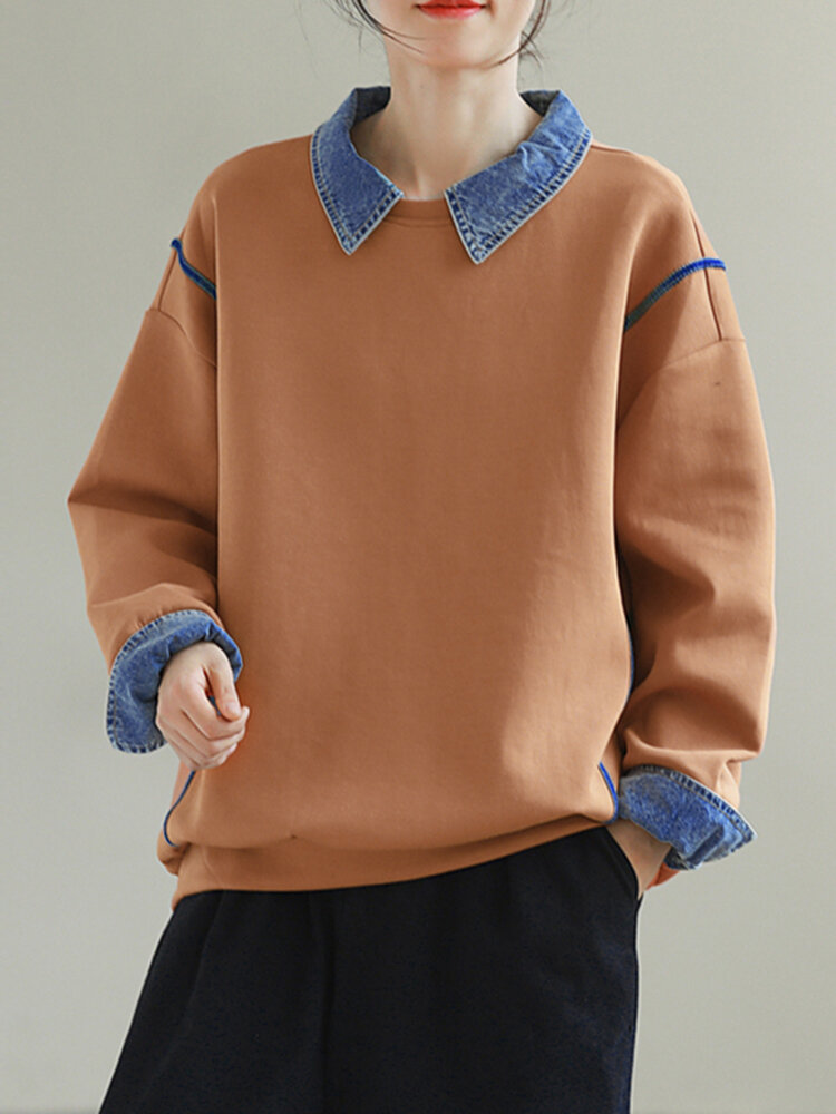 Contrasterend denim patchwork los sweatshirt met lange mouwen en revers