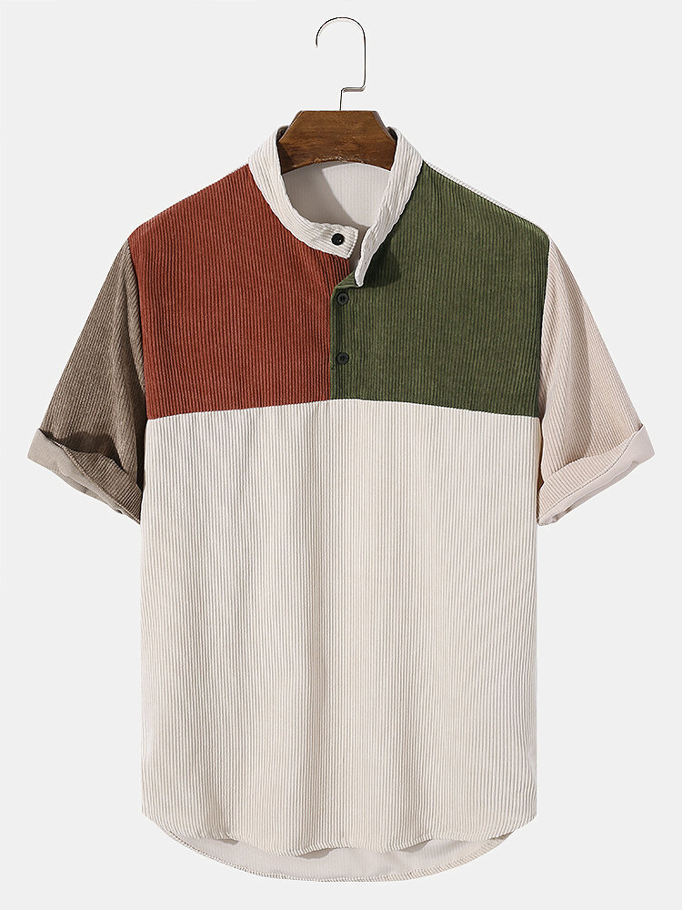 Heren Corduroy Color Block Splice Henley-shirts