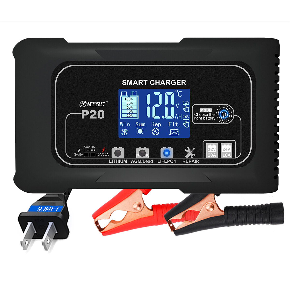 HTRC 20A P20 12V-24V Smart Battery Charger For Car Motorcycle Battery Repair Charging For Auto Moto 