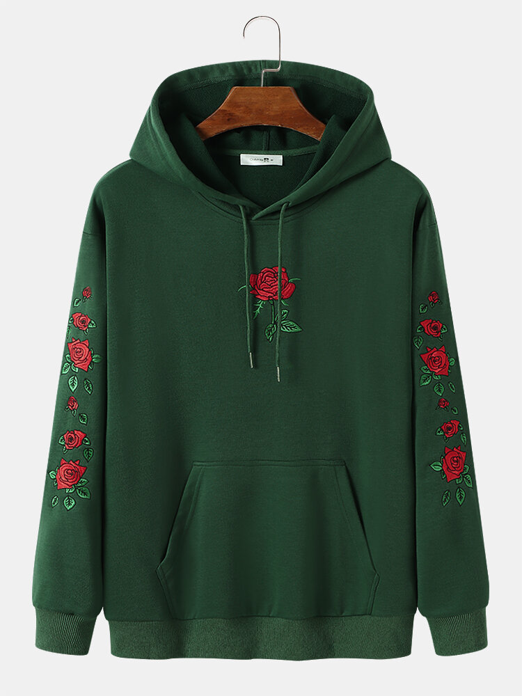 Mens Rose Embroidered Front Pocket Long Sleeve Hoodies