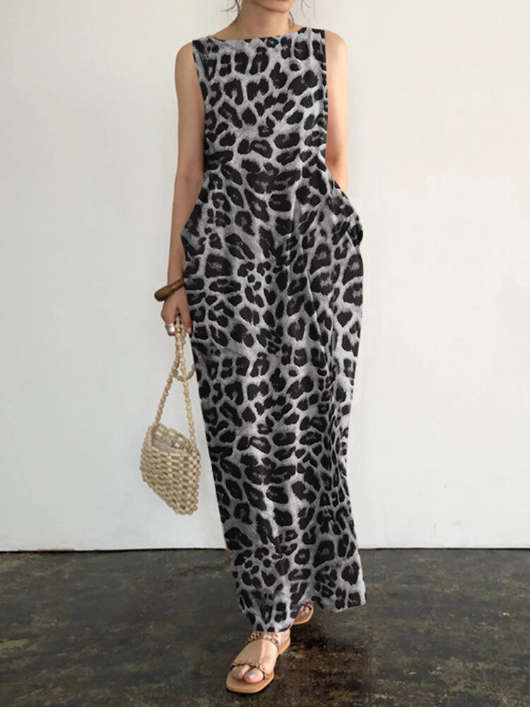 Mouwloze maxi-jurk met luipaardprint en ronde hals