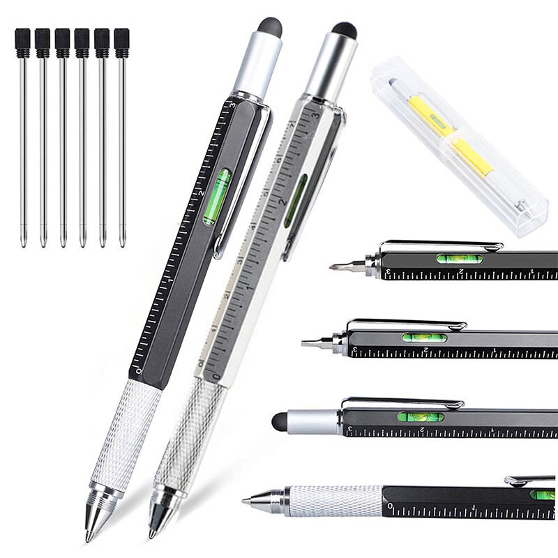 6-in-1 multifunctionele tactische pen met schroevendraaier, waterpas, schaal, touchscreen, metalen balpen en andere gereedschappen voor kamperen en wandelen.