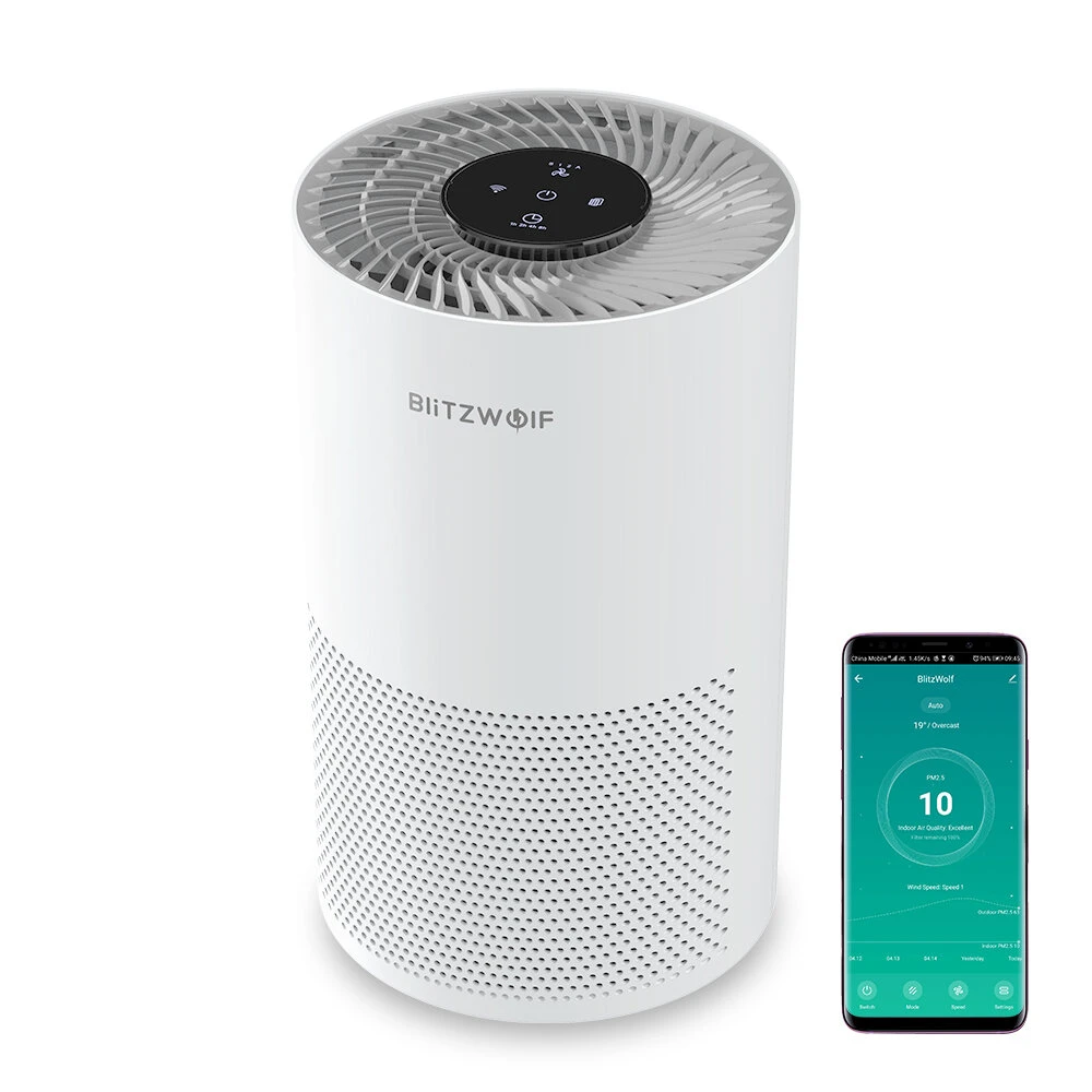 BlitzWolfÂ®BW-AP1 Smart Air Purifier 220mÂ³/h CADR 26dB Quiet Air Cleaner,Removes Allergies, Smoke, Dust, Mold, Pollen, Pet Dander, Activated Carbon Eliminates Odors and Deodorizes HEPA Filter with Night Light APP Remote Control