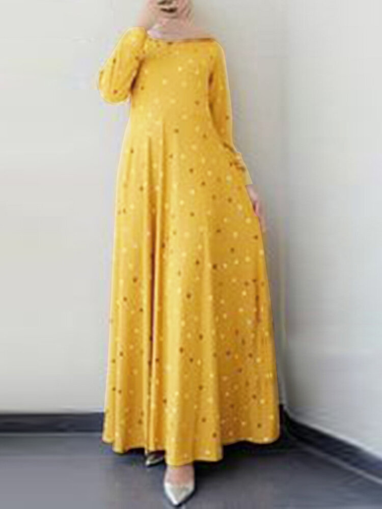 Dames geometrisch bedrukte o-hals knoopmanchetten Boheemse moslim kaftan maxi-jurk