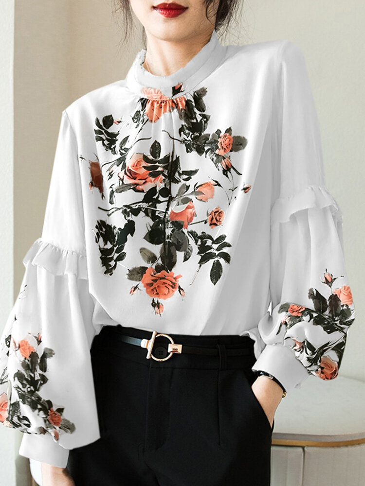 Bloemenprint Lantaarnmouwen Halve kraag blouse voor dames