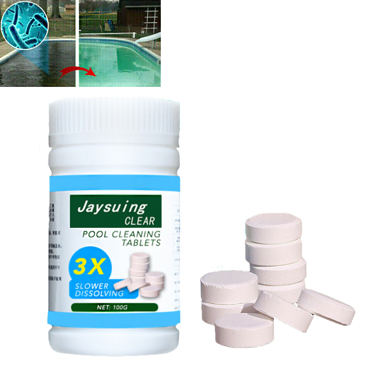 100 Pcs Swimming Pool Chlorine Tablets High Content Chlorine Effervescent Sanitizing Tablet Cleaning
