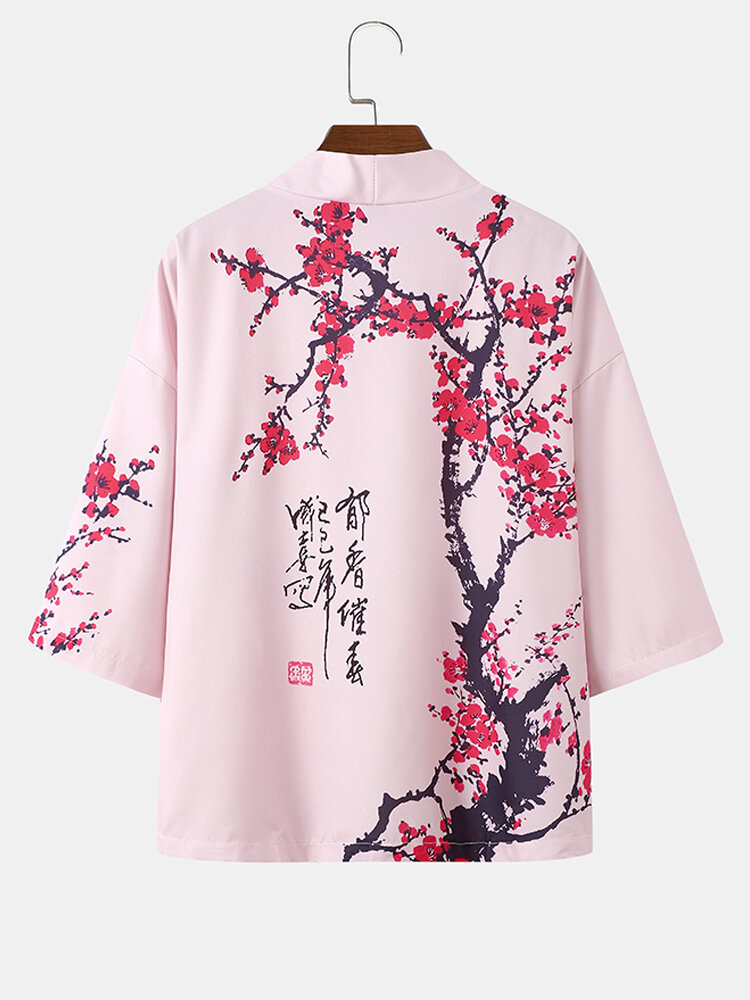 Mens Chinese Plum Bossom Print Loose 3/4 Sleeve Kimono