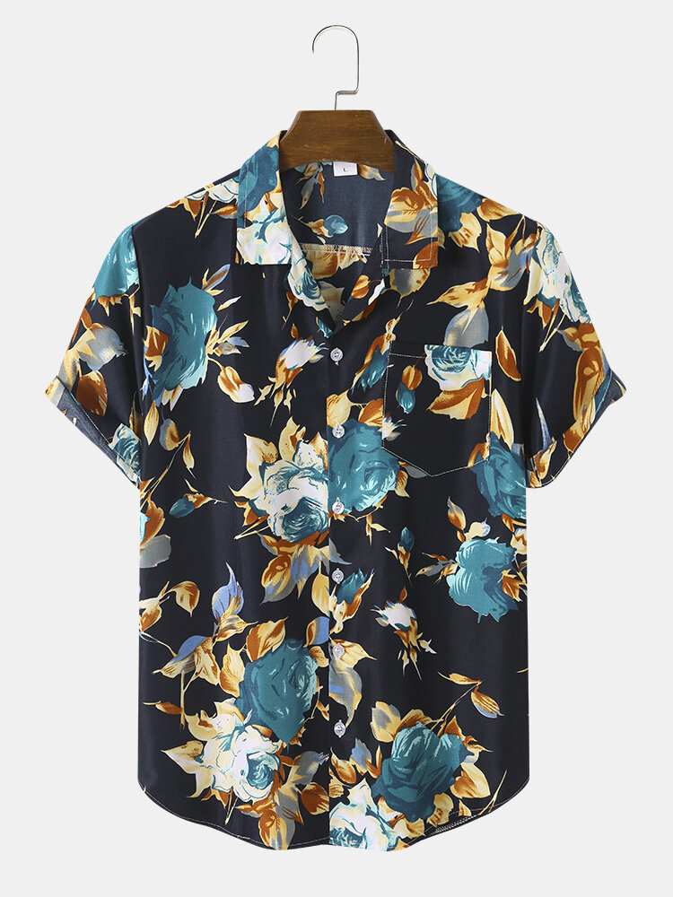 Men Floral Art Print Single Pocket Revere Collar Curved Hem Short Sleeve Shirts