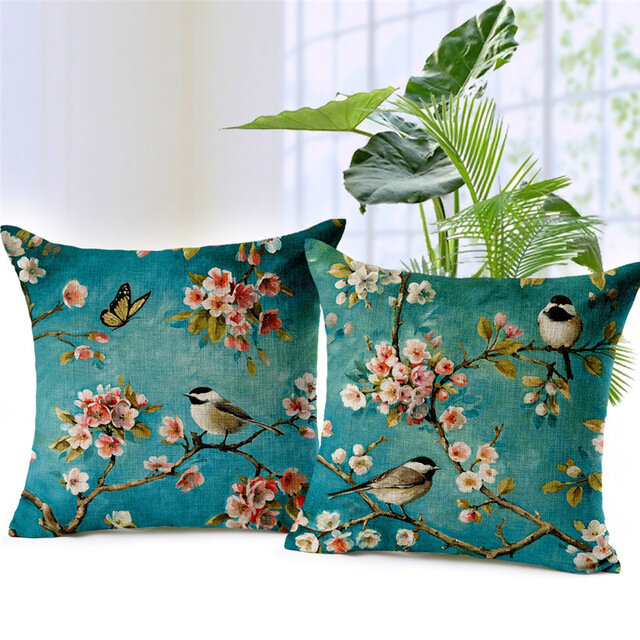 Honana 45x45cm Home Decoration Colorful Flowers and Birds 3D Printed Cotton Linen Pillow Case