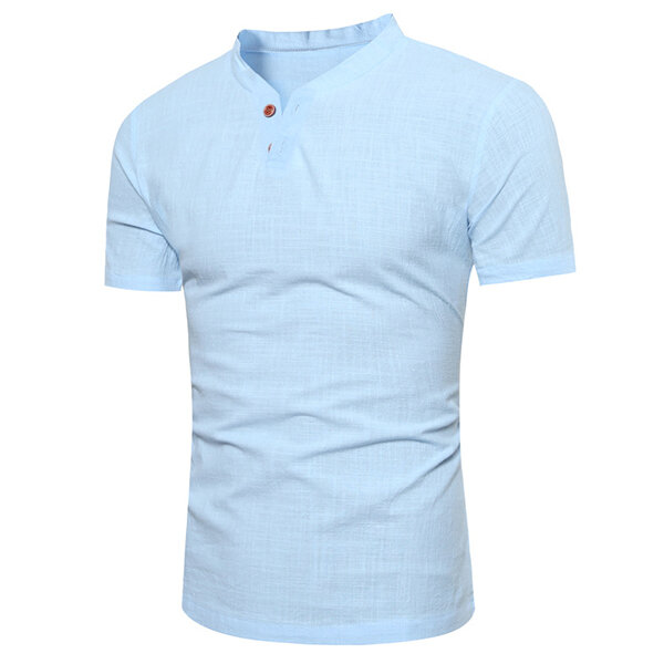Summer cotton linen v-shape neck t-shirts personality men's solid color ...