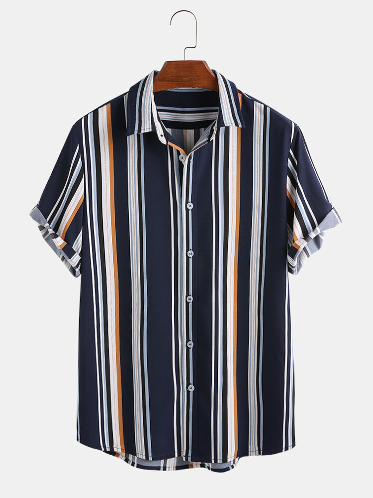 Mens New Fashion Dark Blue Striped Short Sleeved Shirts - US$23.49