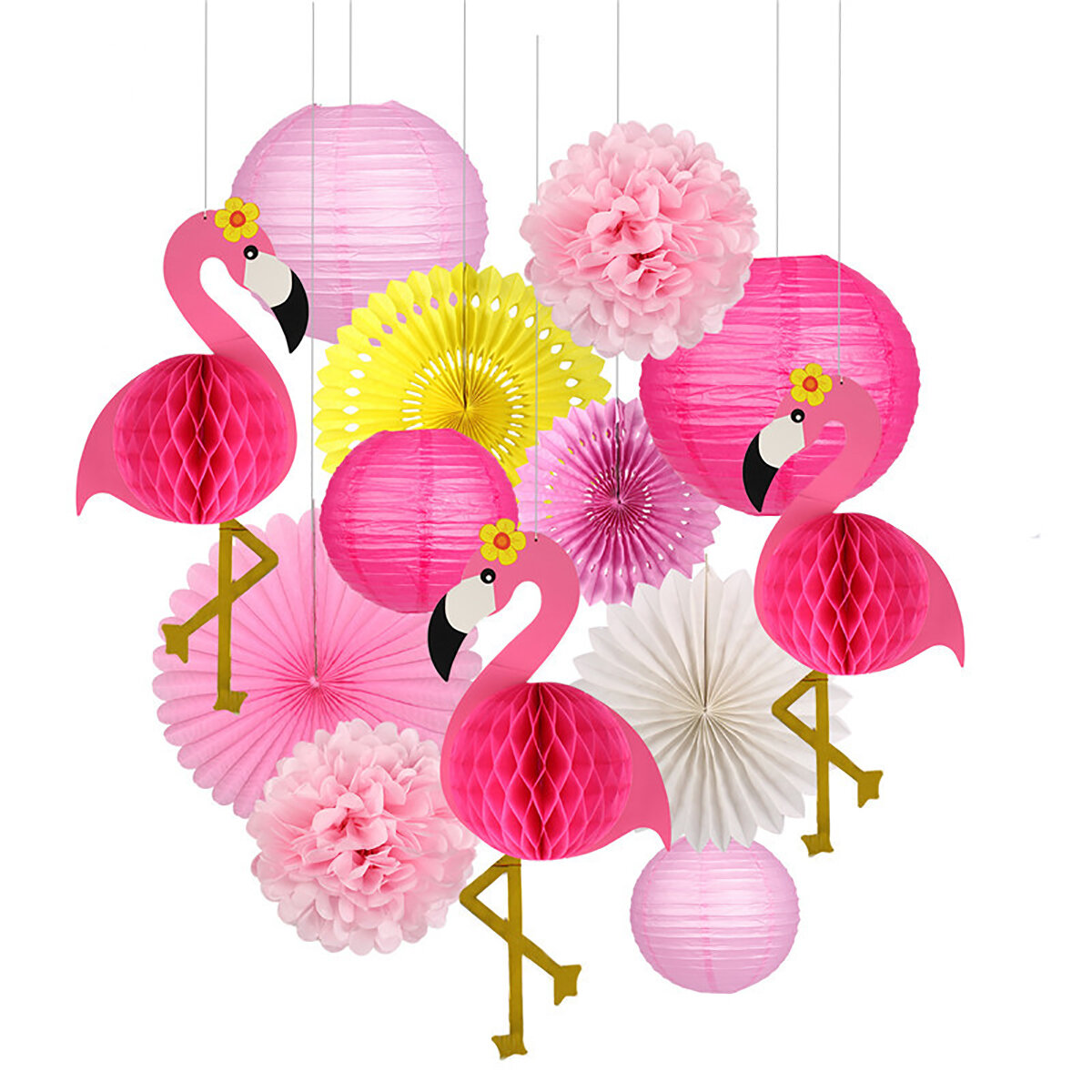 Tropische roze flamingo decoratie set pom poms papieren bloemen tissuepapier ventilator papieren lan