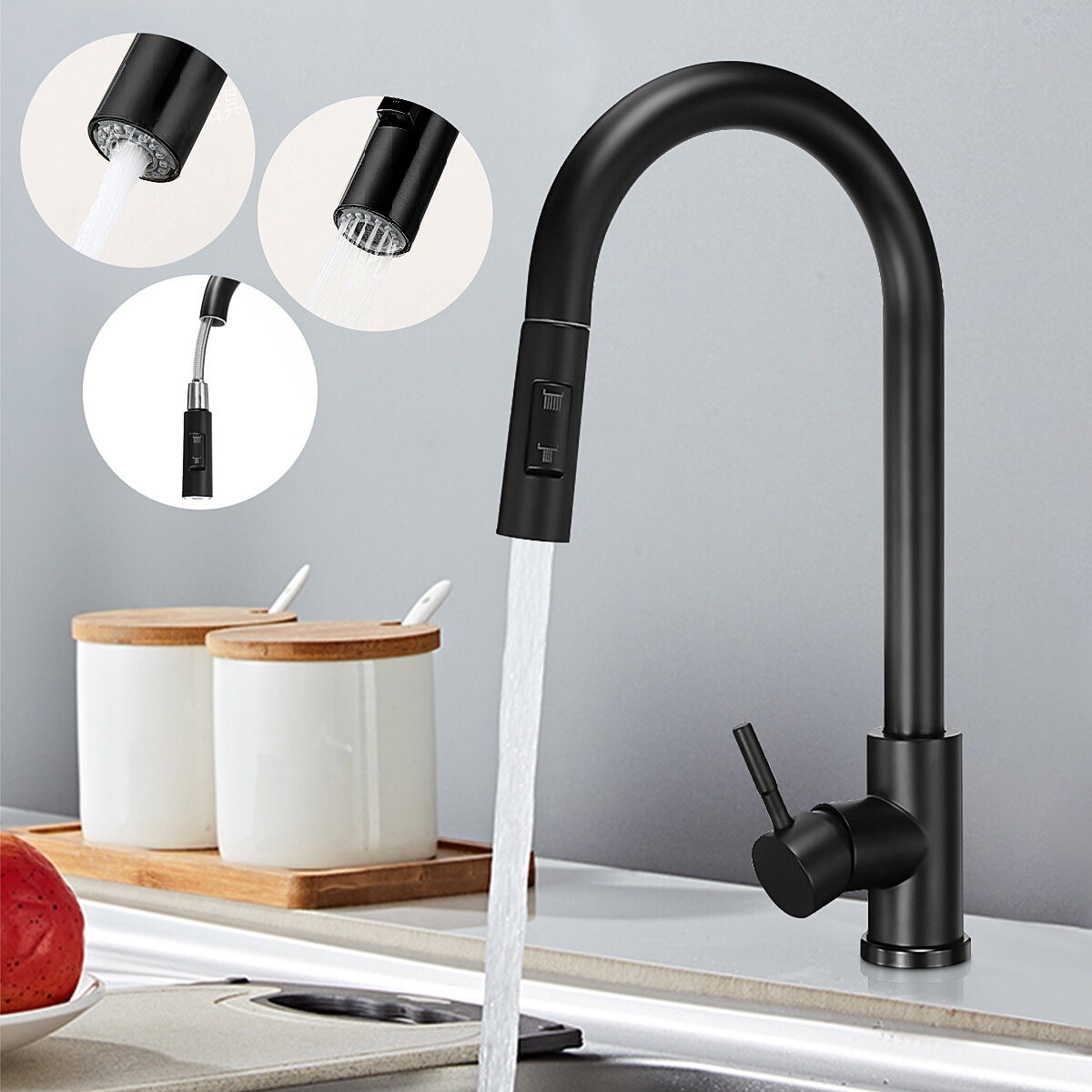 

Stainless Steel Black Hot And Cold Mixing Kitchen Pull Out Faucet Retractable Multifunctional Universal Tap