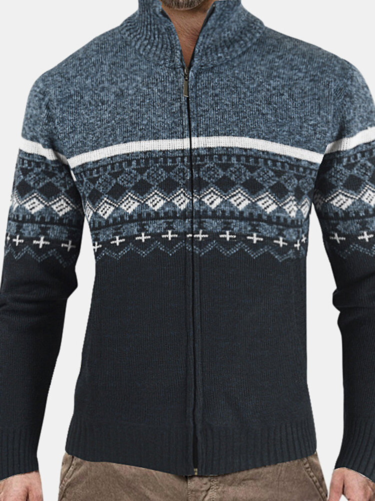 

Mens Vintage Tribal Pattern Knitting Warm Stand Collar Long Sleeve Sweater Jacket