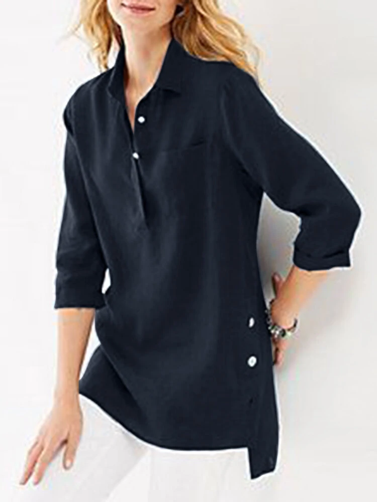 Solid high-low pocket button half placket 3/4 sleeve blouse