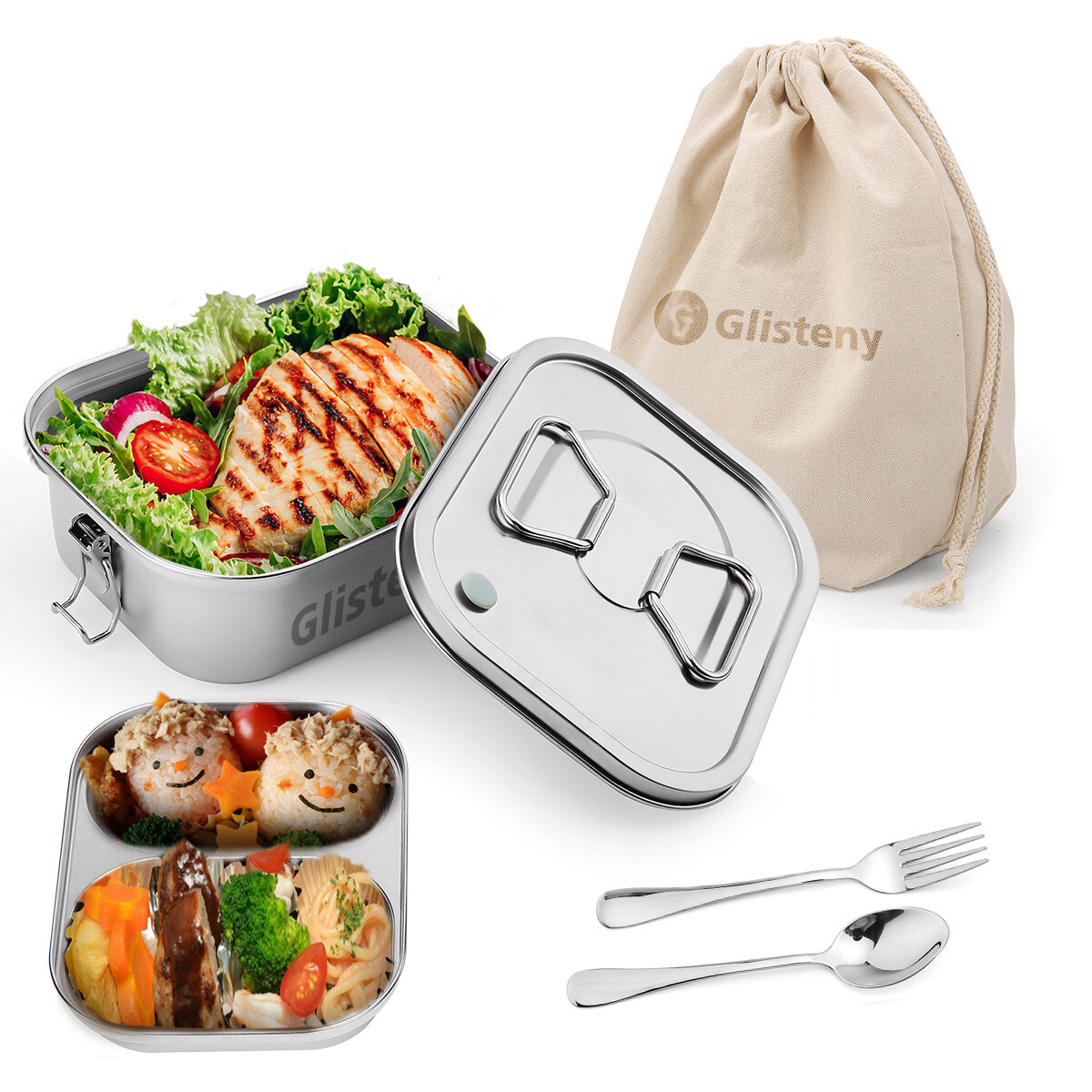Glisteny Stainless Steel Lunch Box Children with Compartments 1600ml Lunch Box Leak-Proof for Childr